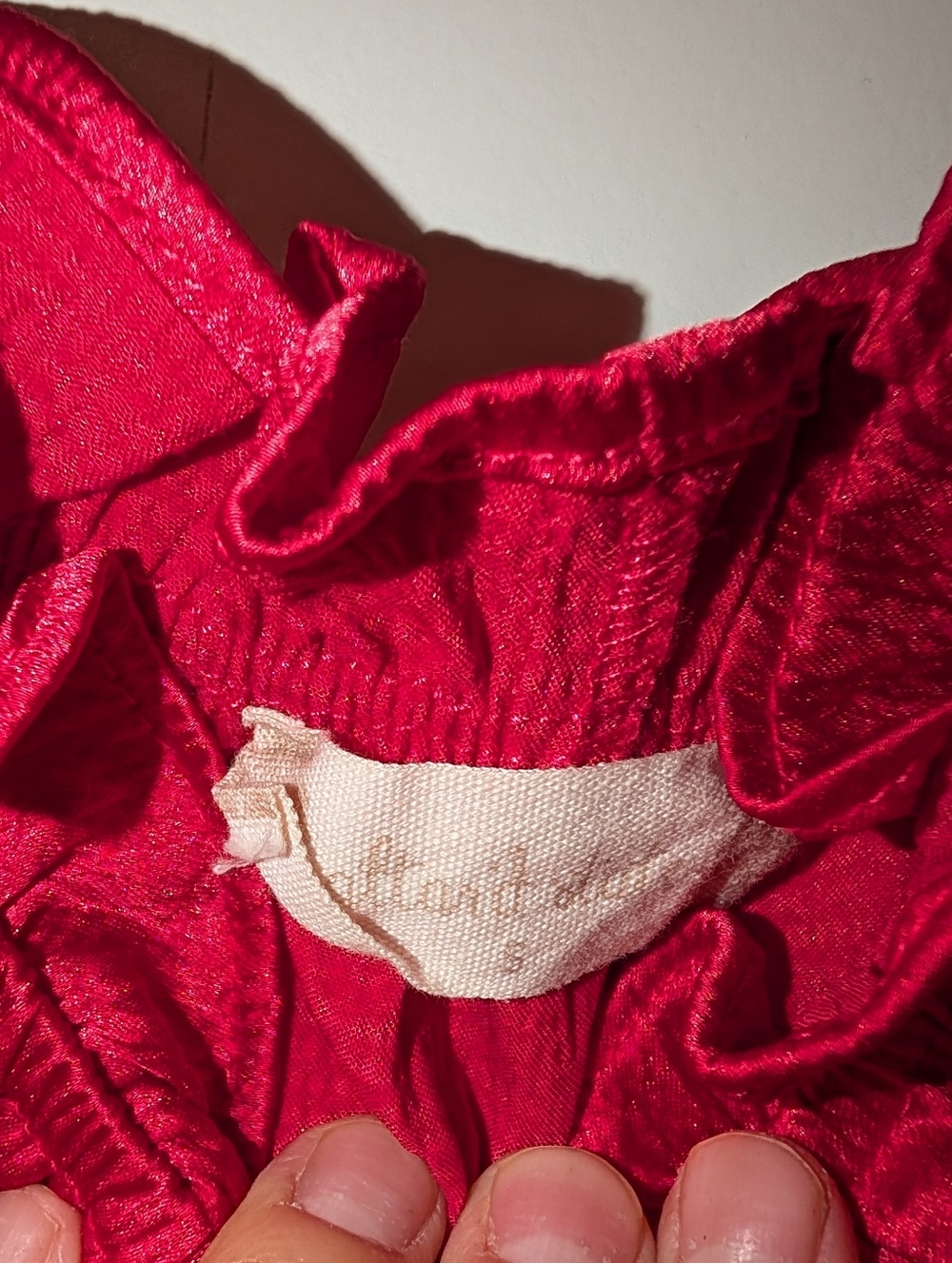 Red Satin Crop Top Smocked Women's Size Small Long Sleeve Holiday - Picture 2 of 3